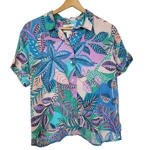 Cynthia Rowley Womens Med 100% Linen Tropical Leaf Print camp shirt button up